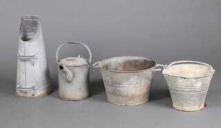 A galvanised watering can, bucket and twin handled pail, together with a coal hod 
