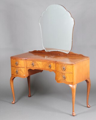 A 1950's walnut dressing table with mirror, fitted drawers 158cm h together with a matching stool 