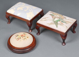 Two rectangular beech framed stools with upholstered drop in seats, raised on cabriole supports and a circular stool 7cm x 33cm 