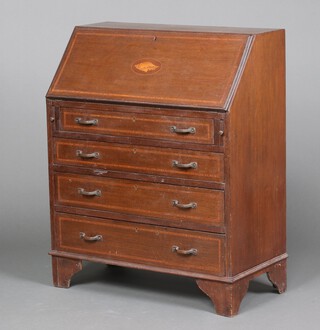 An Edwardian inlaid mahogany bureau with fall front above 4 drawers, raised on bracket feet 92cm h x 76cm w x 39cm d 