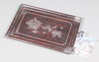 A Japanese hardwood twin handled tea tray with silver mounts 55cm x 37cm 
