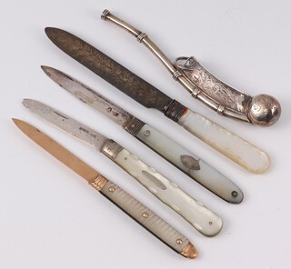 A Georgian folding fruit knife with silver blade and mother of pearl handle (a/f), 2 folding fruit knives, a butter knife with silver blade and mother of pearl handle  and a silver plated bosun's call 