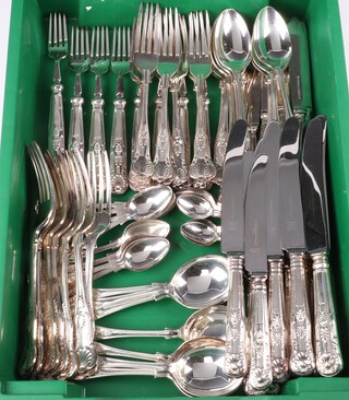 A quantity of Mappin & Webb silver plated  cutlery comprising 8 Queens pattern fish knives and forks, 8 teaspoons, 9 coffee spoons and 8 tea knives together with other silver plated cutlery - 8 soup spoons, 8 dinner knives and 8 forks, 8 pudding spoons and 8 pudding forks