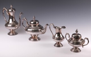 A silver plated 4 piece tea/coffee service of melon form with tea pot, coffee pot, milk jug and lidded sucrier 