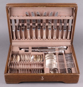 A 49 piece Mappin and Webb canteen of silver plated cutlery with 3 piece carving set, 6 soup spoons, 4 table spoons, 6 dinner forks, 6 dinner knives, 6 pudding spoons, 6 pudding forks, 6 tea knives, 6 teaspoons, all contained in an oak canteen box 