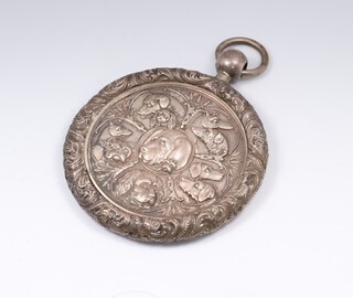 A Victorian silver plated circular fob, the obverse decorated reliefs of 7 dogs, the reverse a laurel wreath, the rim decorated foliage with fitted case (broken) 