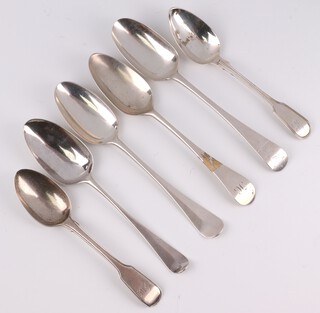 A Georgian silver bottom marked spoon, London 1768, 3 other Old English pattern bottom marked spoons, a silver fiddle pattern pudding spoon London 1776, and a William IV pudding spoon 358 grams 