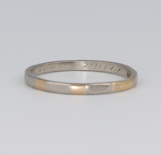 A 9ct white gold wedding band with inscription, size O, 2.3 grams 