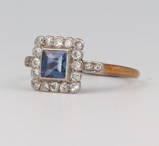 An Edwardian 18ct yellow gold square cut sapphire and diamond cluster ring, the centre stone 0.5ct, the 16 brilliant cut diamonds each approx. 0.01ct, size Q, 3 grams 