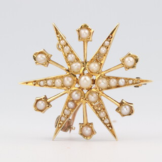 An Edwardian 15ct yellow gold seed pearl bar brooch 32mm, gross weight 5.2 grams 