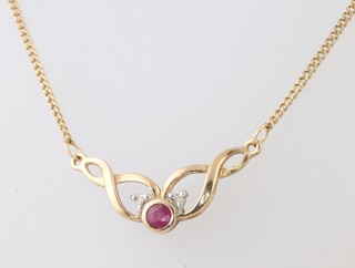 A 9ct yellow gold ruby necklet, 28cm, 2.5 grams