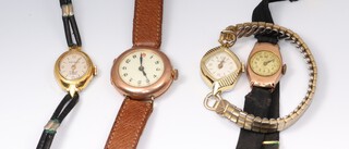 A lady's 9ct yellow gold wristwatch with red 12 in a 25mm case, a ditto 12mm and 2 gilt ditto 