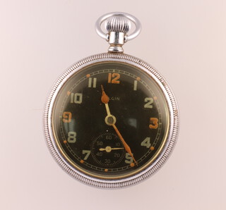 An Elgin Army Issue black dial mechanical movement pocket watch  with coloured 12, 3 and 9, having a subsidiary seconds dial, the base stamped A108378 G.S.T.P in a 50mm case 