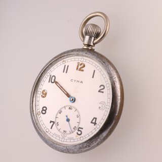 A chromium cased military issue Cyma pocket watch  with seconds at 6 o'clock, the 50mm case stamped G.S.P.P.H21981 