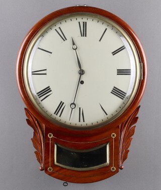 A 19th Century fusee gut driven drop dial wall clock with 11cm unmarked back plate and 30cm painted convex dial, contained in an inlaid brass and mahogany case, complete with pendulum (no key) 