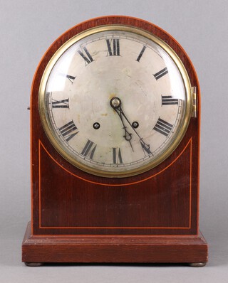 Winterhalder and Hofmeier, an Edwardian "Ting Tang" striking bracket clock with 19cm silvered dial, Roman numerals, contained in an arched inlaid mahogany case, complete with pendulum and key 36cm h x 26cm w x 17cm d 