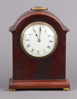 A French 19th Century 8 day timepiece with 9cm circular enamelled dial, Roman numerals, contained in an arched mahogany case, raised on bun feet, back plate marked B.T.G  21cm h x 16cm w x 8cm d 