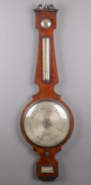 Adie of Liverpool, a 19th Century mercury wheel barometer and thermometer with 29cm silvered dial marked Adie Optician Liverpool, having a damp/dry indicator, thermometer and spirit level, contained in a rosewood case 117cm h x 35cm w 