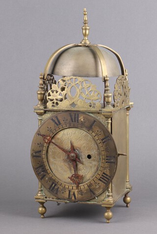A 19th Century fusee chain driven table lantern clock, striking on a bell, the 17cm brass dial marked Joseph Read Bishops Stortford Facit, complete with pendulum (a/f) and key 38cm h x 15cm w x 15cm d 