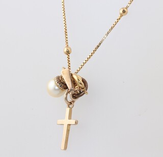 A 9ct yellow gold necklace 14cm, a ditto cross pendant and a cultured pearl pendant, gross weight 3.5 grams 