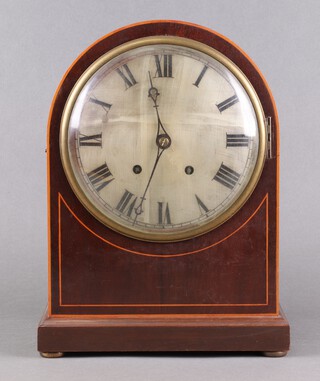 An Edwardian 8 day Ting Tang bracket clock, the 19cm silvered dial with Roman numerals, contained in an inlaid mahogany arch shaped case, the plain back plate marked 4, complete with pendulum and key 36cm h x 26cm w x 15cm d 