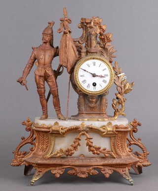 A 19th Century French timepiece with 8cm enamelled dial, Roman numerals, contained in a white marble and gilt spelter case supported by a figure of a cavalry man holding a standard (loose) 16cm h x 35cm w x 11cm d, complete with pendulum but no key 