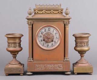 Japy Freres, a 19th Century French 3 piece clock garniture comprising striking mantel clock with 10cm silvered dial, Arabic numerals, contained in a gilt metal case supported by Corinthian column capitals and 2 side urns, the back plate numbered 558 5.2 