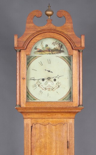 An 18th Century 8 day striking longcase clock with 33cm arch painted dial and fan spandrels, decorated birds, minute indicator and calendar aperture, contained in an oak case 221cm h, complete with pendulum, weights and key 