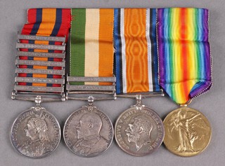 A group of 4 medals to 3774 Pte. M.G. Plowman 9th Lancers and Army Veterinary Corps, comprising Queens South Africa Medal 1899 with 7 bars - Metel, Belmont, Modder River, Relief of Kimberley, Paardeberg, Wittebergen and Transvaal, Kings South Africa Medal 1901 with 2 bars - South Africa 1901 and 1902, both named Private 9th Lancers and British War medal and Victory medal named to SL-21241 Pte. M.G.Plowman Army Veterinary Corps, mounted for wear 