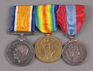 A group of 3 medals to 21741 Pte G. Woodhams 18th London Regt. comprising British War Medal and Victory medal, Elizabeth II issue Imperial Service medal named Clement Woodhams 