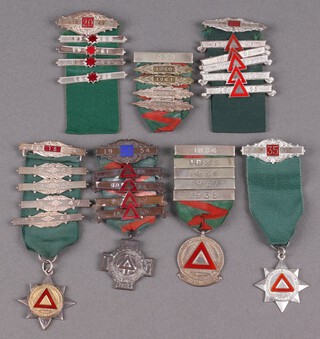 Two silver and enamel Safe Driving medals with 9 bars, a bronze Royal Society For The Prevention of Accidents medal with 4 bars and other bars, amounting to 35 years safe driving 