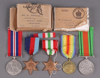 A group of 4 medals attributable to A Parsons of Clovelly, Monksgate, Horsham comprising 1939-45 Star, Italy Star, Defence and War medal, a gilt metal 8th Army Commemorative medal for the Entrance of Allied Forces in Naples 1st October 1944, contained in 2 posting cases 