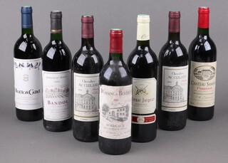 A bottle of 1992 Chateau Samson Pomerol, a bottle of 1991 Domaine de Moulin Bondol, a bottle of 1993 Domaine de Berteau, 2 bottles of 1995 Le Chevalier MC Cleland, a bottle of 2000 Chateau Jacquet bordeaux and a bottle of 2001 Mouton Cadet Bordeaux red wine  