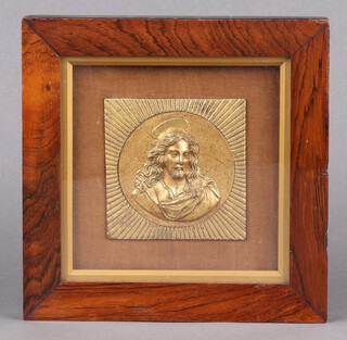 A 19th Century cast metal plaque of Christ, contained in a rosewood frame 23cm x 22cm 