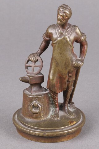 Vulcan Motor Company Southport, a wagon car radiator mascot in the form of a blacksmith standing by an anvil, mounted on a screw radiator cap 13cm 
