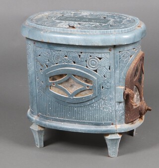 A Deville et Cie oval French blue enamelled solid fuel stove, the base marked Le Non Pareil 52cm h x 53cm w x 44cm d 