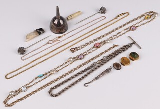 Two marcasite set stick pins, an Albert watch chain and a small collection of costume jewellery 