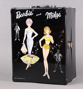 A 1963 Mattel Toys Barbie and Midge black plastic travel carry case decorated Barbie and Midge figures 33cm h x 25cm w x 15cm d, with carry handle and lock, complete with key, the interior with 2 doll storage cubicles, 2 wardrobe spaces with a collection of hangers, 2 hat boxes, chest unit plus fitted cardboard storage boxes 