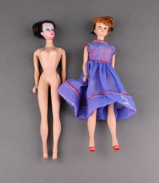 Two early Barbie dolls, one wearing a blue dress with red edging, red under suit and red shoes (No 3 Barbie with dark hair and No 5 Barbie with Midge & Barbie stamp)