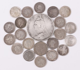 A collection of pre-1947 down to 1900 silver coinage to include a Victorian crown 1889 and a quantity of three pences (plus one 1952 sixpence), weighable silver 58 grams