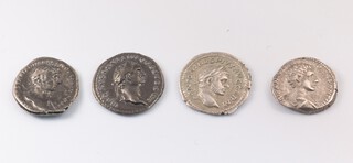 Four Roman silver denarius to include Flavian (rev. IVPPITER CONSERVATOR, eagle on thunderbolt). RIC 40 RCV 2740,  Hadrian  IMP CAES TRAIAN HADRIANO OPT AVG GER DAC. b. Rev. ADOPTIO ( Trajan and Hadrian facing ) RIC 3b. RCV 3456, Caracalla Rev. MARTI VLTORI, Mars advancing carrying spear and trophy. RIC 11 RCV6675, Caracalla  Rev.  Jupiter holding thunderbolt and sceptre RIC 240 RCV6832
