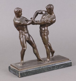 A 1930's Art Deco spelter figure of 2 male wrestlers, on rectangular marble base 21cm x 20cm x 9cm 