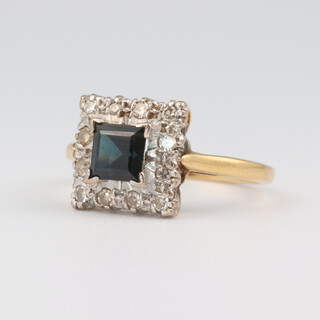 A yellow gold, testing as 18ct, square sapphire and diamond cluster dress ring, size I, 2.97 grams 