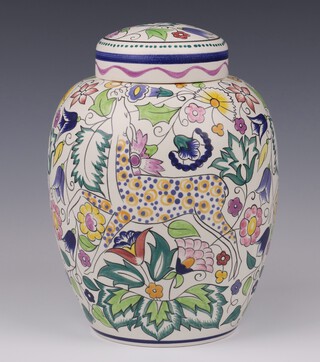 Poole Pottery, a Susan Russell pottery ginger jar decorated stylised deer amongst branches 24cm 