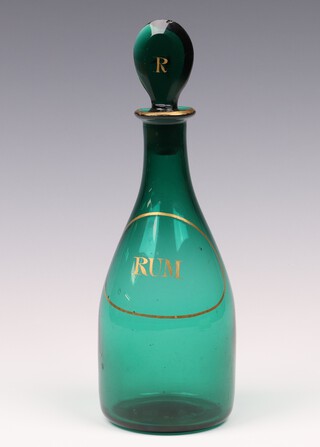 A Georgian green glass club shaped rum decanter and stopper 22cm 