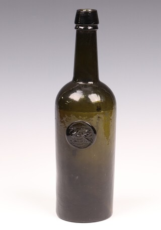 An 18th/19th Century Bristol green glass wine bottle with pictorial seal of a swan & rampant lion seal, the base marked Powell Bristol 28cm x 8cm 