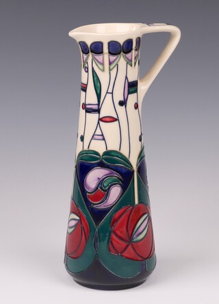 Rachel Bishop for Moorcroft, a tribute to Charles Rennie Mackintosh ewer, signed, impressed marks and dated '95, 24cm 