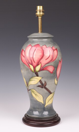 A Moorcroft Magnolia table lamp with a grey ground 35cm 