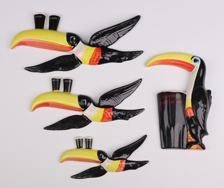 A flight of 3 Carlton Ware Guinness advertising toucan wall plaques 26cm, 20cm and 16cm together with 1 other wall plaque in the form of a Toucan by a pint of Guinness marked Guinness is Good for You 18cm 