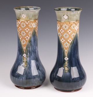A pair of Royal Doulton blue and green salt glazed, club shaped vases, bases impressed Royal Doulton EB for Ethel Beard 8848 31cm h 